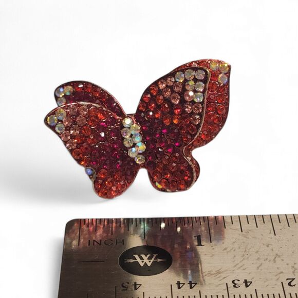 Vintage Butterfly Statement Ring, Red-Orange Rhinestone, Silver Adjustable Band - Picture 2 of 8